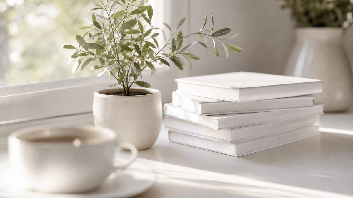 窓際の観葉植物と積まれた白いノート。記事を継続的に育てるイメージ
