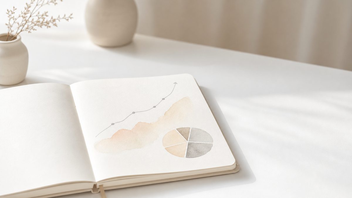 ノートに描かれた右肩上がりの折れ線グラフと円グラフ。リライトによる流入改善のイメージ