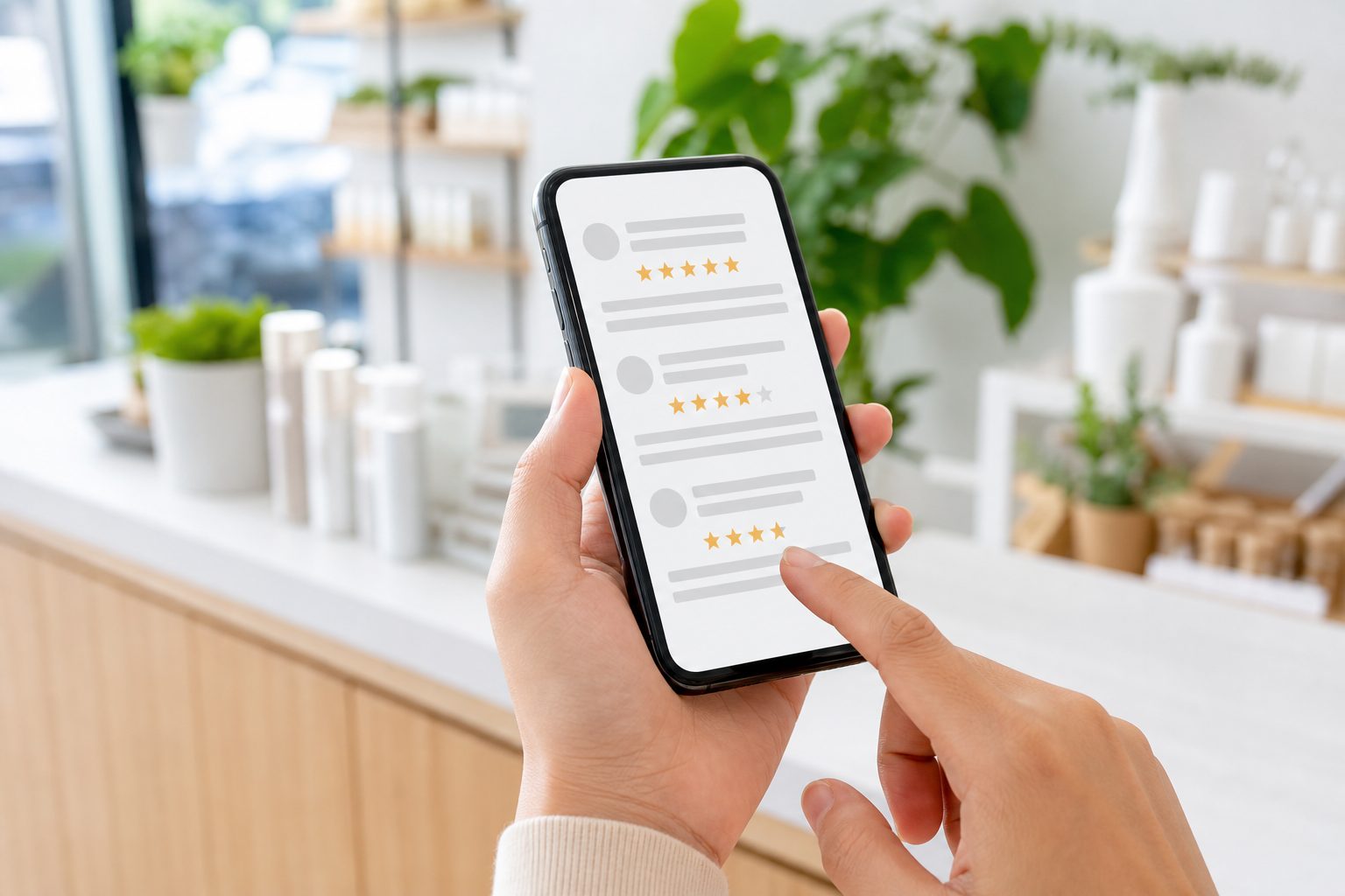 スマホで星評価レビューを確認するクローズアップ。クチコミの重要性