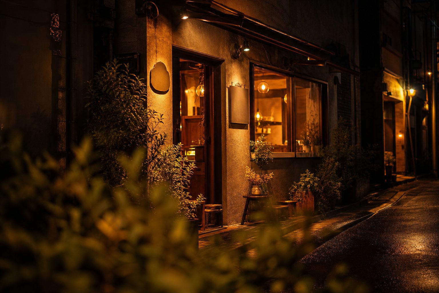 カフェやサロンの外観に灯る暖色の看板照明。地図経由でたどり着く店舗の入口イメージ
