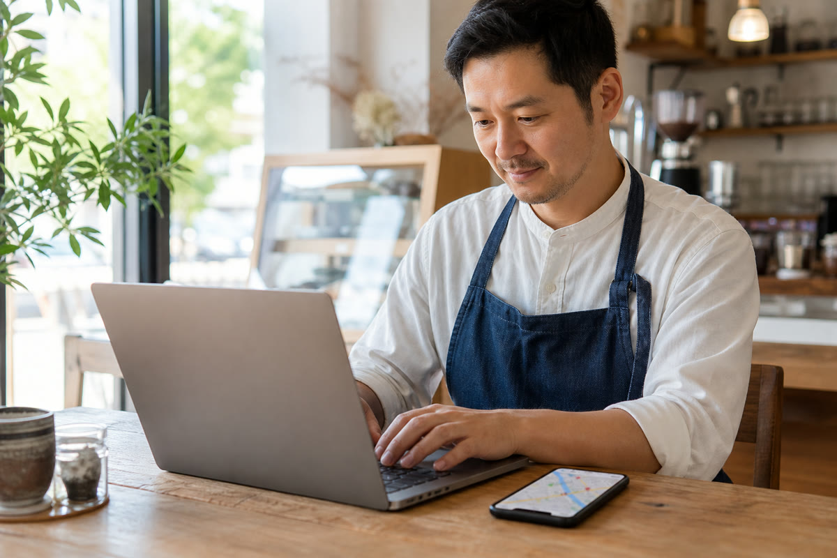 カフェのオーナーがノートパソコンで自分の店のホームページを更新している様子。横にはスマホの地図アプリ