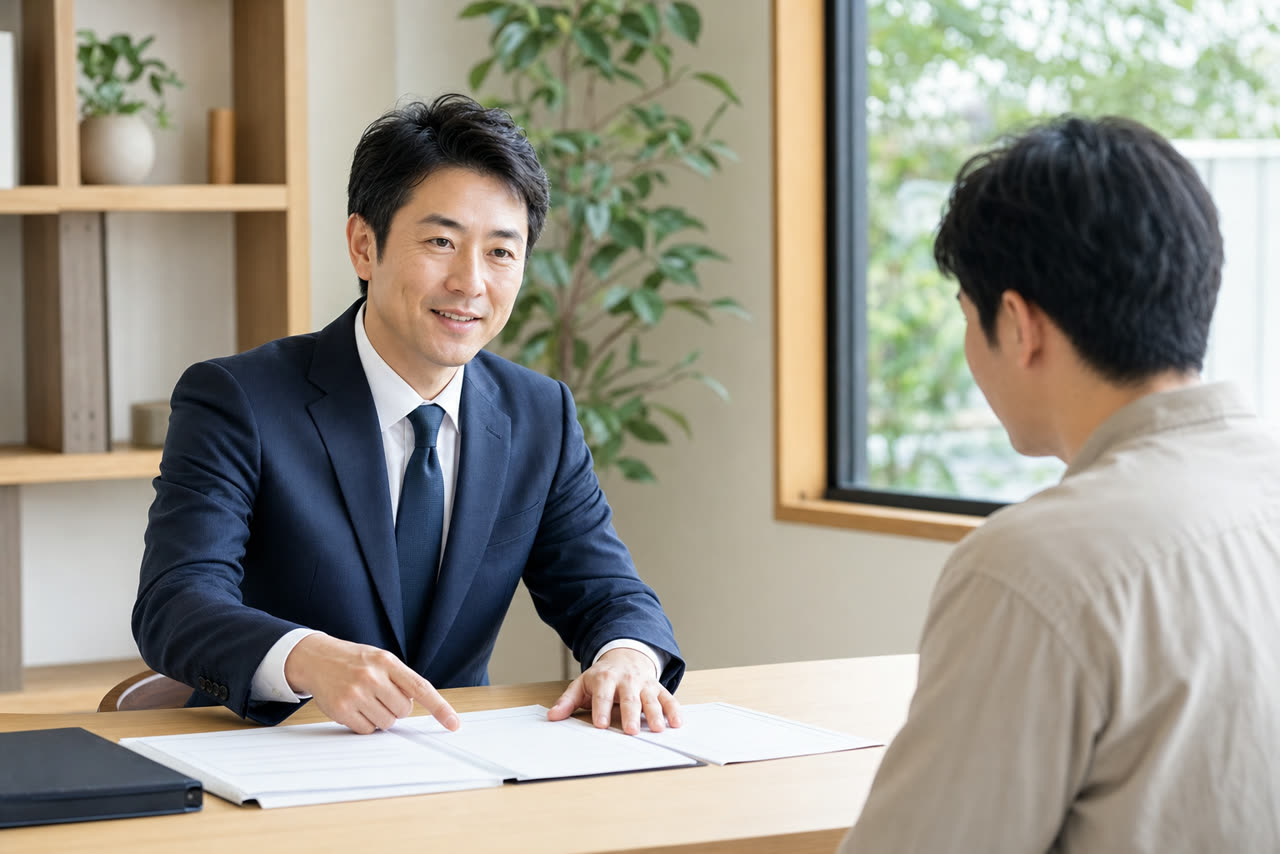 士業の専門家が明るい相談室で相談者と向き合い、書類を見ながら丁寧に説明している様子。自然光