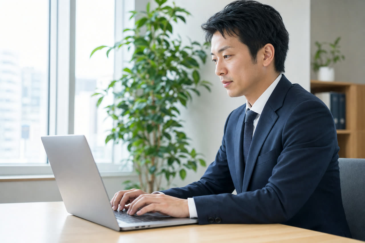 明るい士業事務所のデスク。ノートパソコンと書類、観葉植物が置かれ、信頼感のある落ち着いた雰囲気。自然光