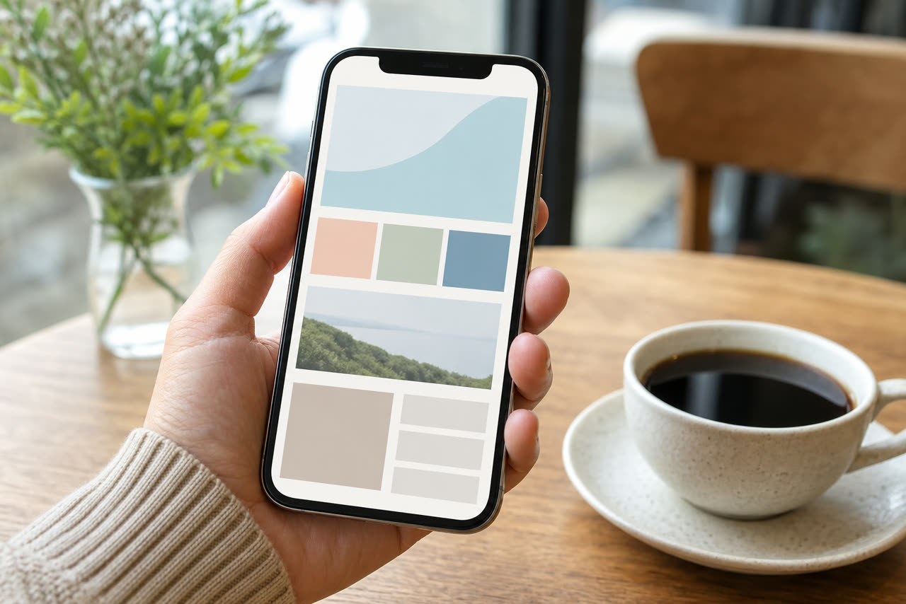スマートフォンでホームページを確認している手元。明るい自然光のカフェのテーブル