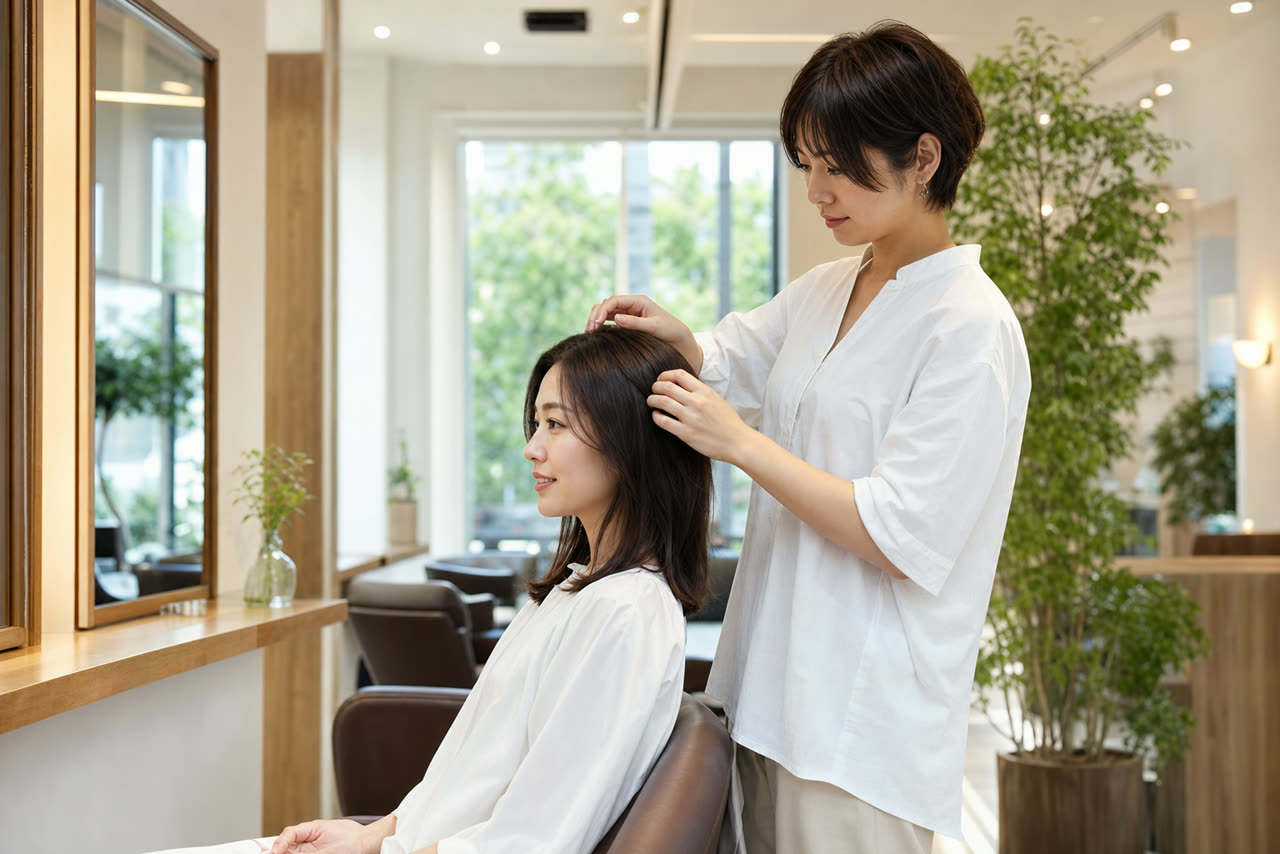 明るいおしゃれな美容サロンで、スタイリストが施術している様子。自然光の差し込む洗練された空間