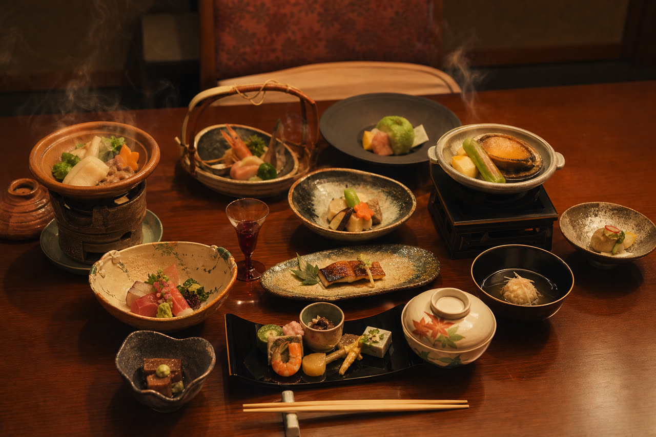 旅館の夕食で供される季節の会席料理。器に美しく盛り付けられ、湯気の立つ温かみのある食卓。やわらかな照明