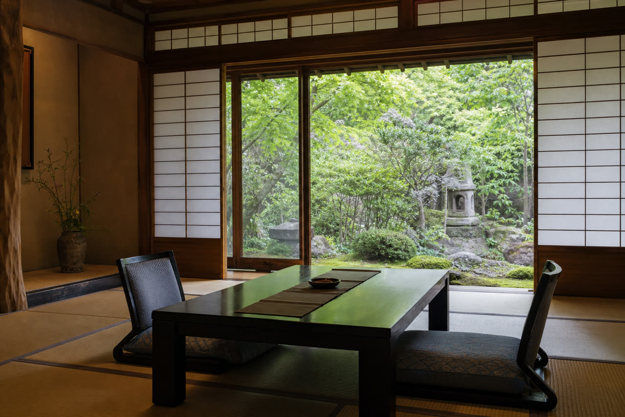 趣のある旅館の和室客室から望む庭園と露天風呂。やわらかな自然光が差し込み、落ち着いた和の上質な雰囲気