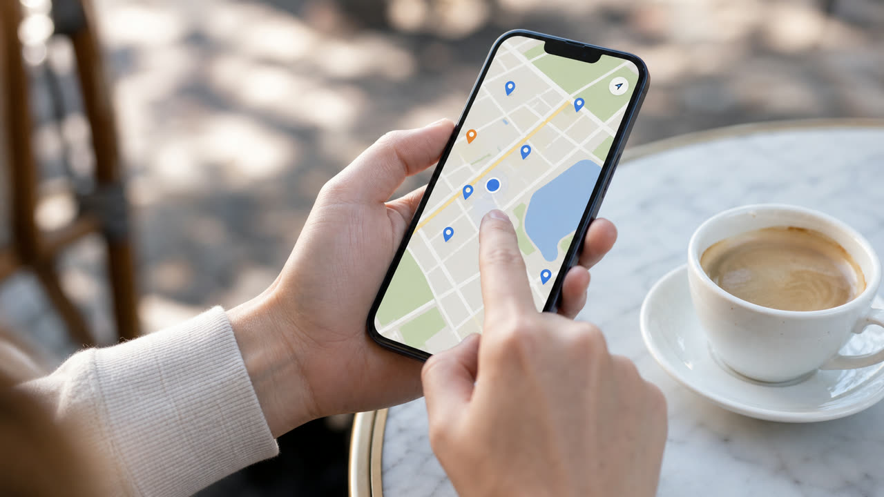 スマートフォンで地図アプリを開き、店舗の場所を確認している手元のクローズアップ。明るく自然な日常の一場面