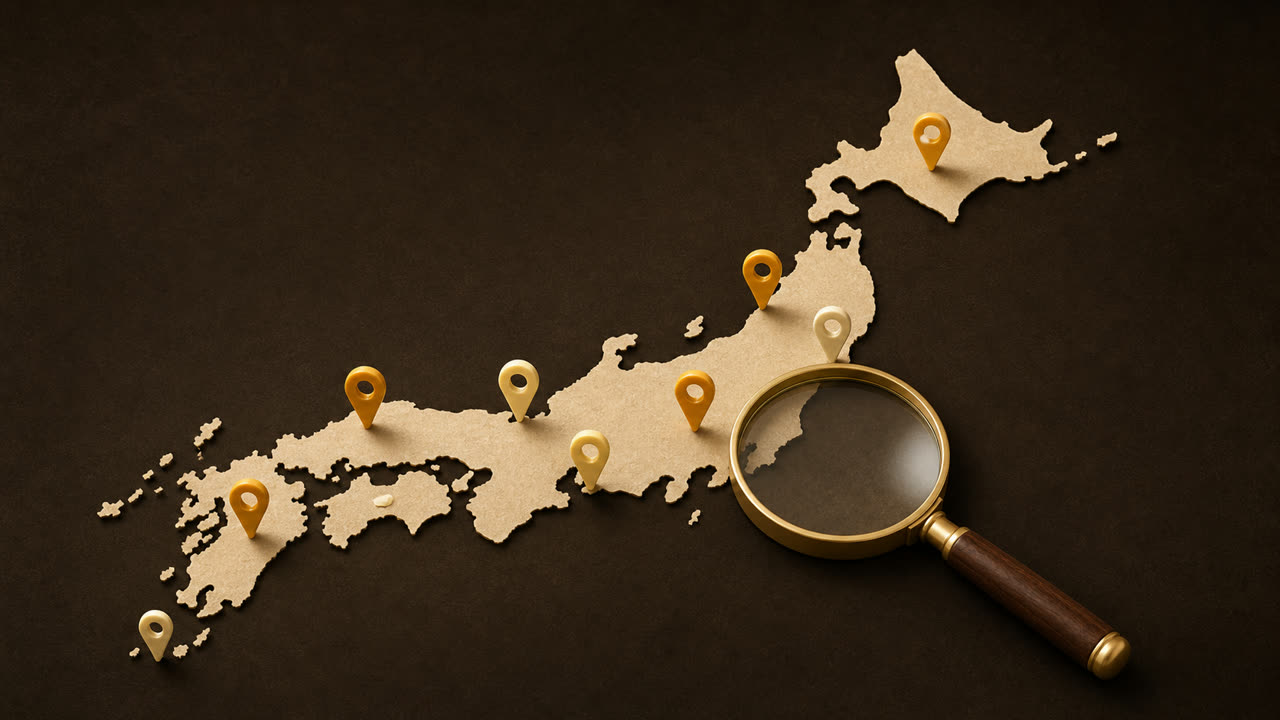 日本国内の地図と地域ピン、ルーペが並んだ俯瞰イメージ。地域業のMEOと全国業のSEOで打ち手が変わることを象徴するシーン