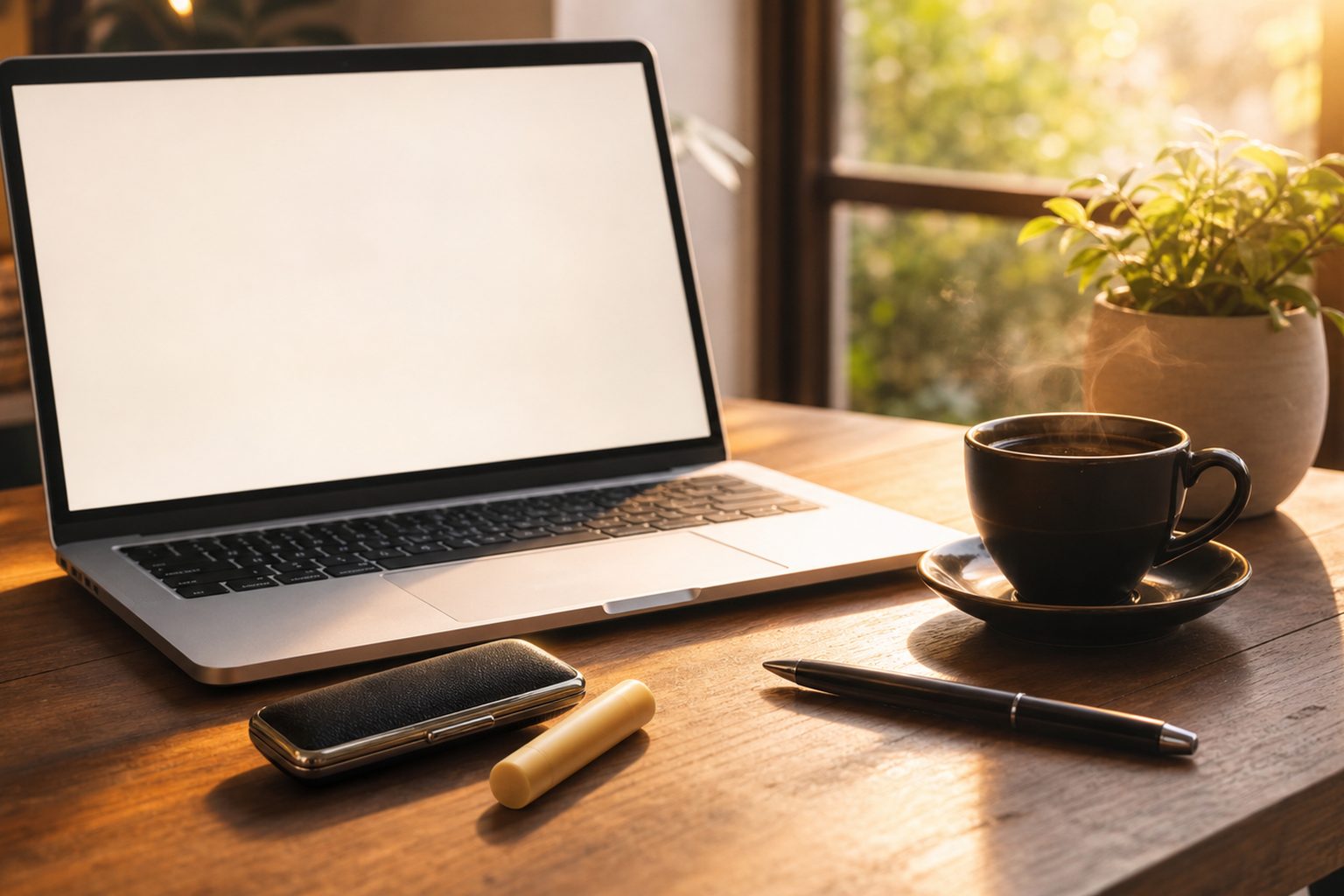 開業準備の机:ノートPCと印鑑、ペン、コーヒー、観葉植物。朝光が差し込む様子